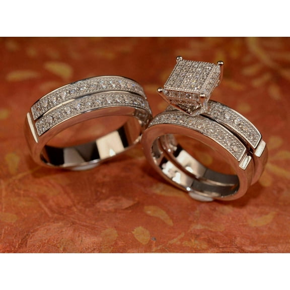 Hitanshu Jewels His & Her 3CT CZ Wedding 14 White Gold Finish Wedding Trio Set