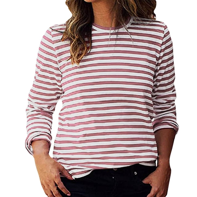 Uootdi Chemises à Manches Longues pour Femmes Col Rond Détail Rayé Coupe Décontractée Quotidienne Décontractée Bureau Trajet Hauts Cadeau