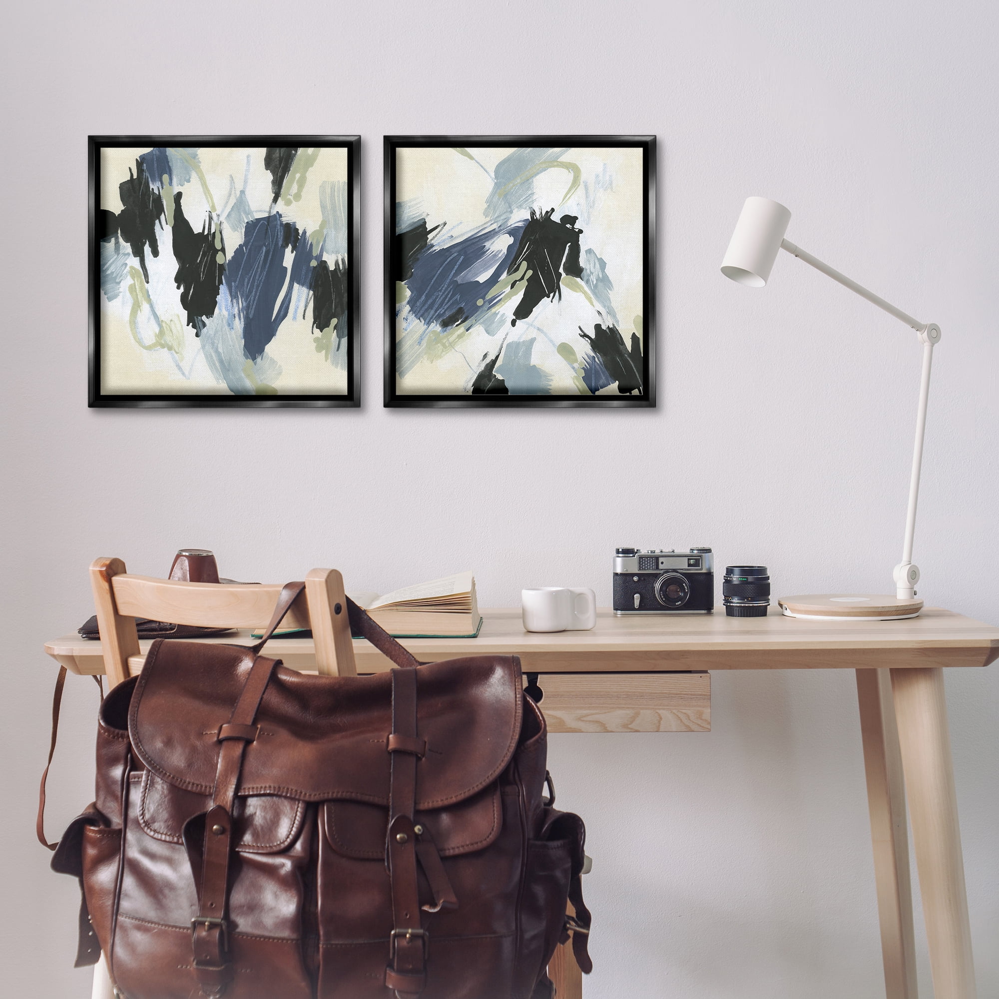 Stupell Industries Muted Blue Green Abstract Patches Abstract Painting Black Floater Framed Canvas Art Print Wall Art, 18 x 18, Set of 2
