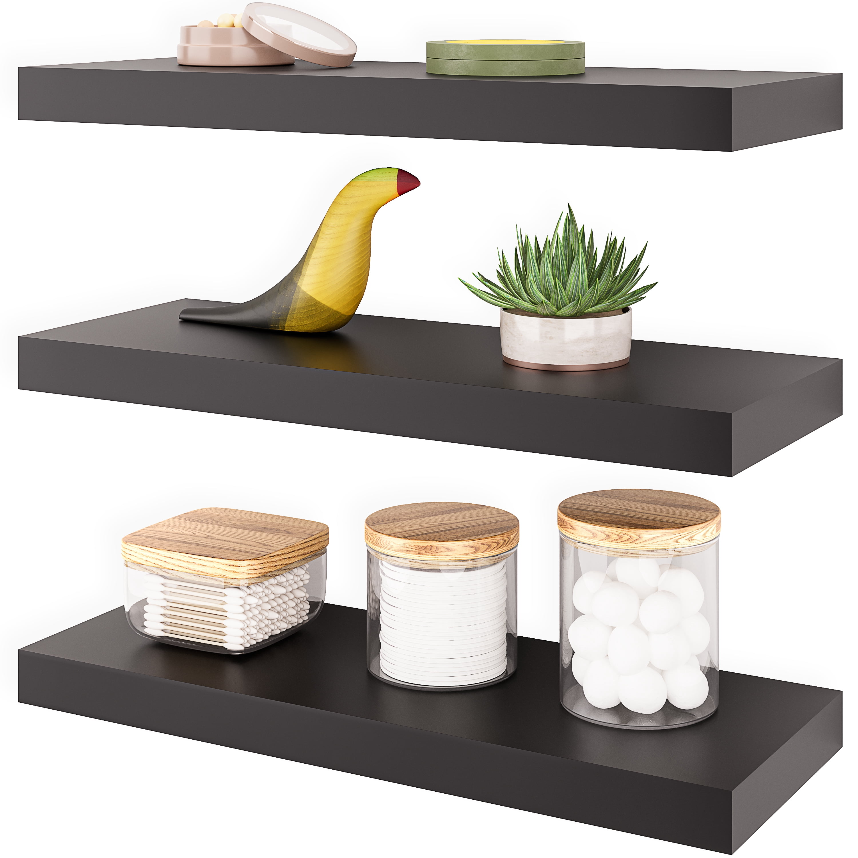 Ballucci 16" Floating Shelves for Wall, 3-Pack with Invisible Brackets, 6" Deep, Black