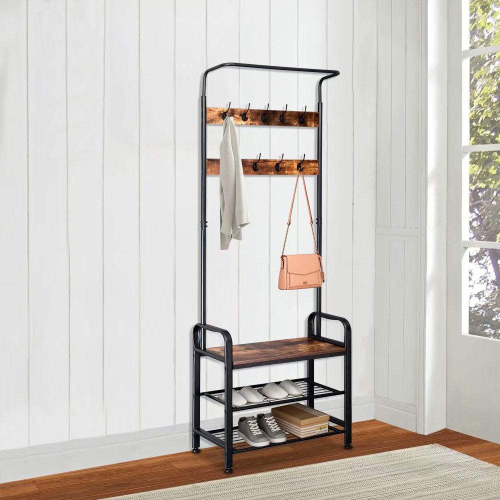 Industrial Vintage Coat Rack Shoe Bench, Hall Tree Entryway Storage 