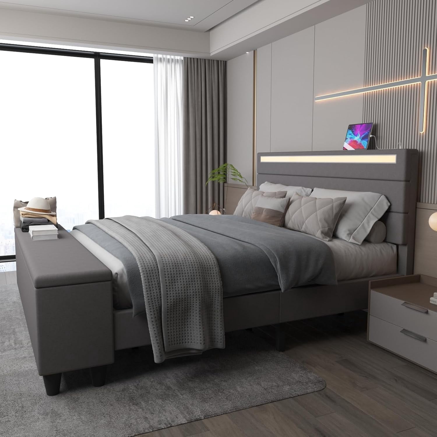 Kallabe King Bed Frame with Storage Ottoman and LED Light Headboard, Upholstered Platform Bed with 2 USB Ports, Grey