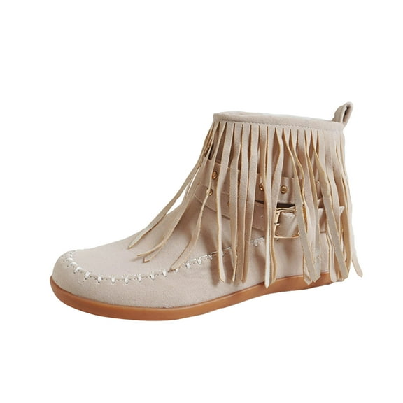 Beige Women'S Ankle Boots Flat Winter Shoes Casual Comfortable Round Toe Tassel Side Zipper Non-Slip 0.9 Lbs