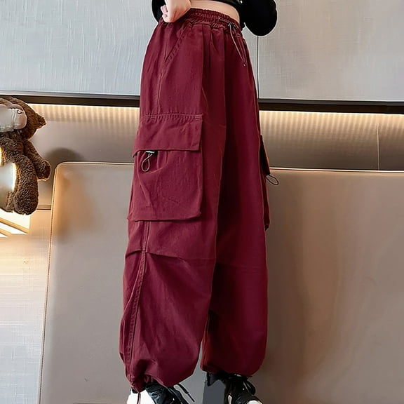 Teen Girls Cargo Pants Stretch Elastic Waist Baggy Cargo Pants With Pocket Loose Fit Girls Casual Cargo Trousers Kids Clothes Girls Size 3-4T
