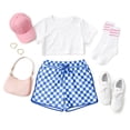 thumbnail image 6 of JWD Women's Checkered Shorts Elastic Waist with Drawstring Plaid Short Pants Beach Summer with Pockets Royal Blue White 2XL, 6 of 7