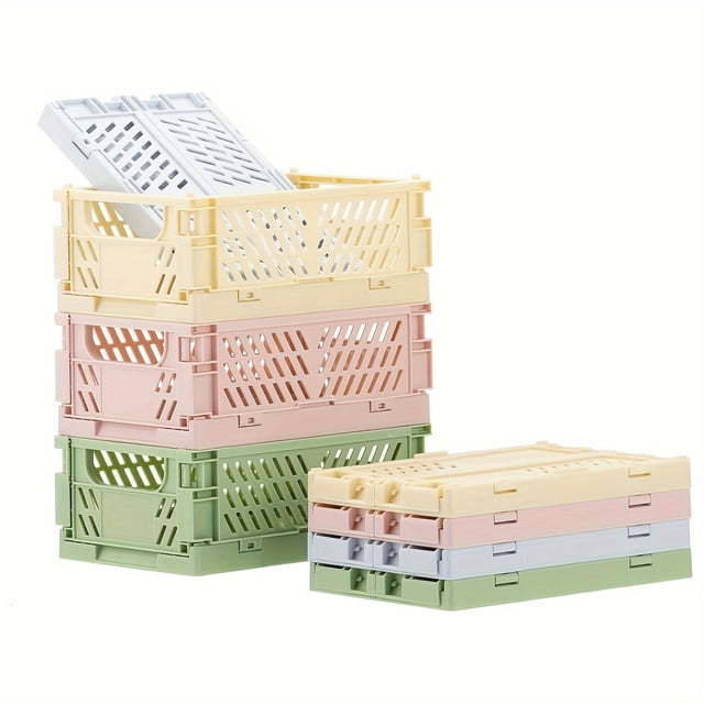 DEBGFS 4-Pack (5.9”x 3.8”x 2.2”)Mini Storage Crates Small Plastic Baskets for Desktop Shelf Drawer Storage Bin Organizers Stackable Folding Containers Baskets for Kitchen Classroom Bedro,none,S