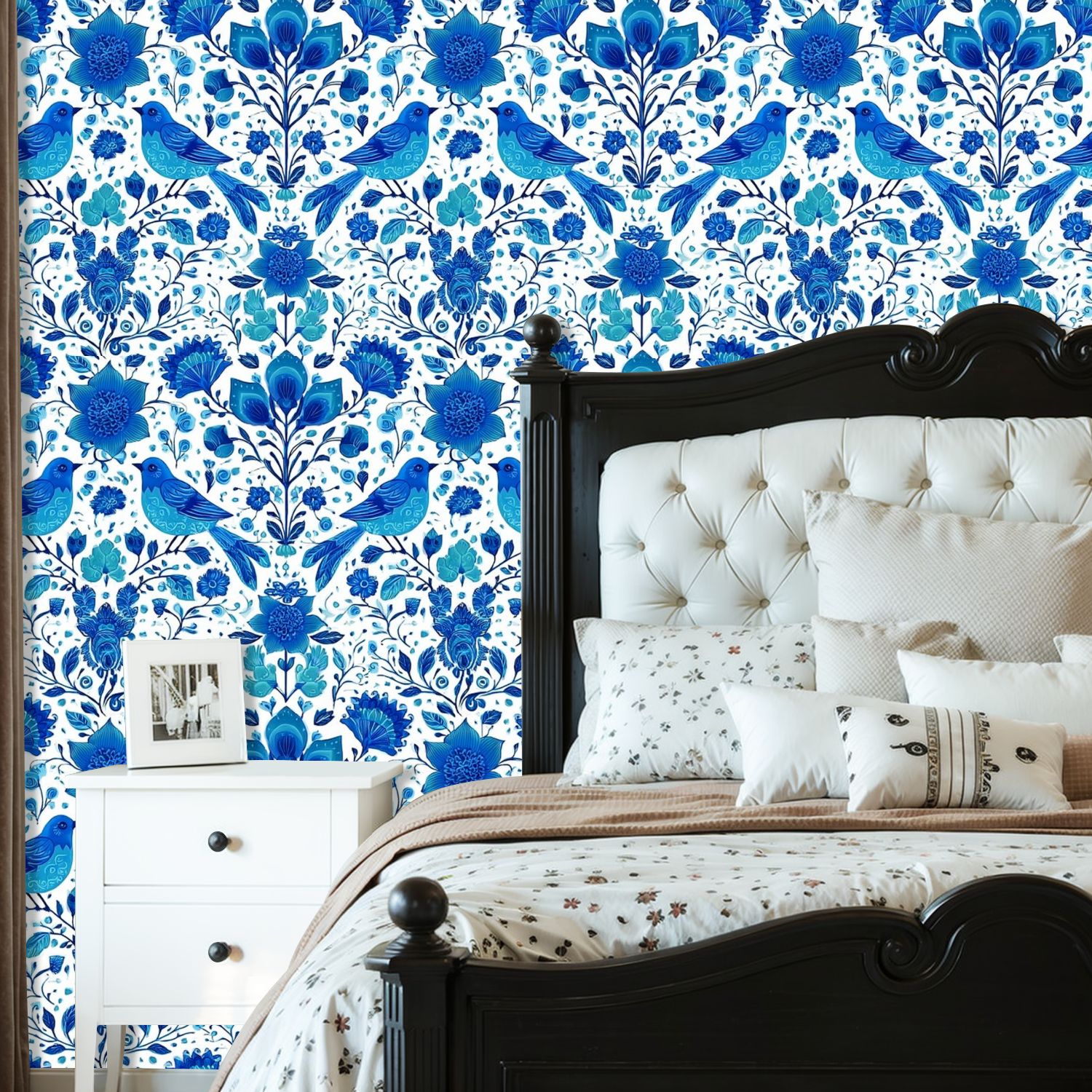 Farmhouse Peel and Stick Wallpaper 23.6in x 9.8ft Blue Birds Floral Folk Art Style Contact Paper Vinyl Self-Adhesive Removable Wall Paper for Bedroom Kitchen Cabinet Renter Friendly