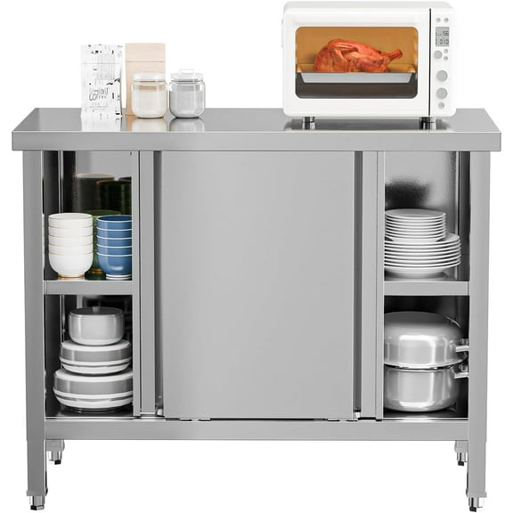 ROVSUN Stainless Steel Table with Cabinet 39 x 19 inches,NSF Commercial Heavy Duty Prep & Work Table with 2 Sliding Doors, Metal Table for Kitchen, Restaurant, Home, Hotel, Garage, Laundry
