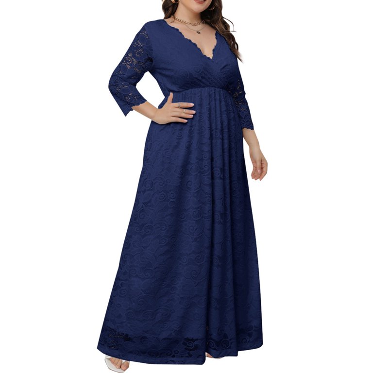 Fanxing White Wedding Dresses for Bride Plus Size Wedding Guest Dresses for  Women Elegant Lace V Neck Maxi Long Dresses Navy,XXL - Walmart.com