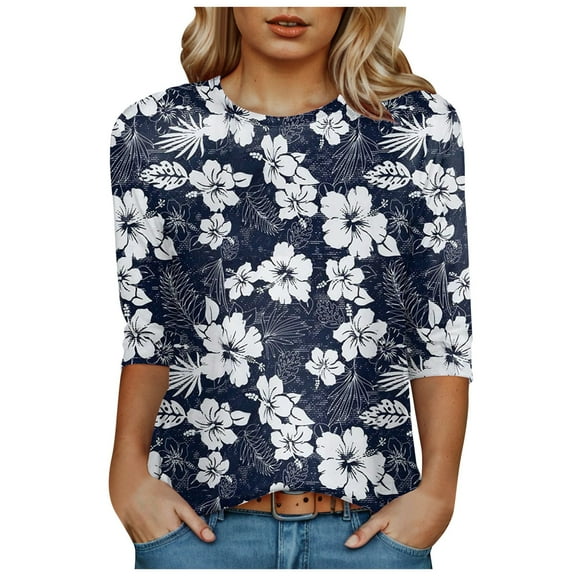 Towmus T Shirts for Women Graphic Crew Neck Ladies Tops 3/4 Sleeve Floral Print Summer Tops Loose Fit Pullover Shirt Lightweight Blouse for Women