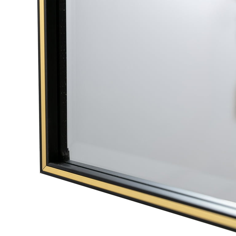 28 Inch Beveled Metal Frame Rectangular Wall Mirror, Black, Gold Accen