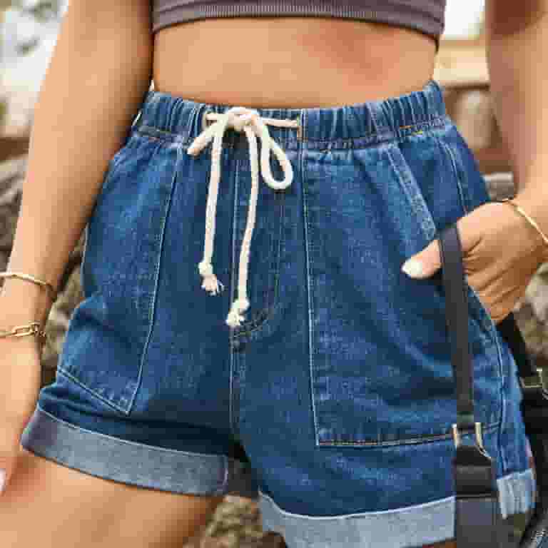 Womens Drawstring Denim Shorts Washed Elastic Waist High Womens Drawstring Denim Shorts Washed Elastic Waist High