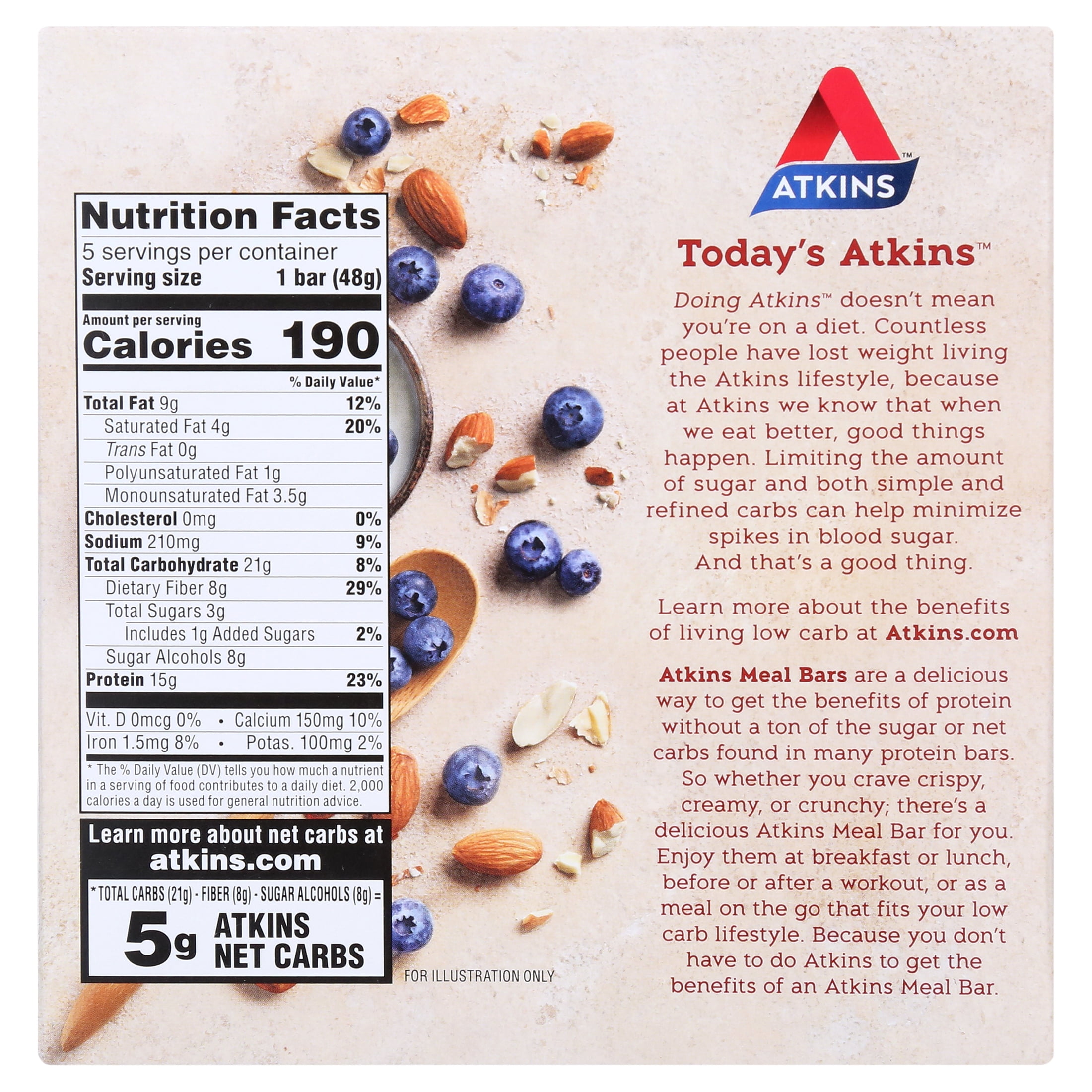 Atkins Protein-Rich Meal Bar, Blueberry Greek Yogurt, Keto Friendly, 5 Count