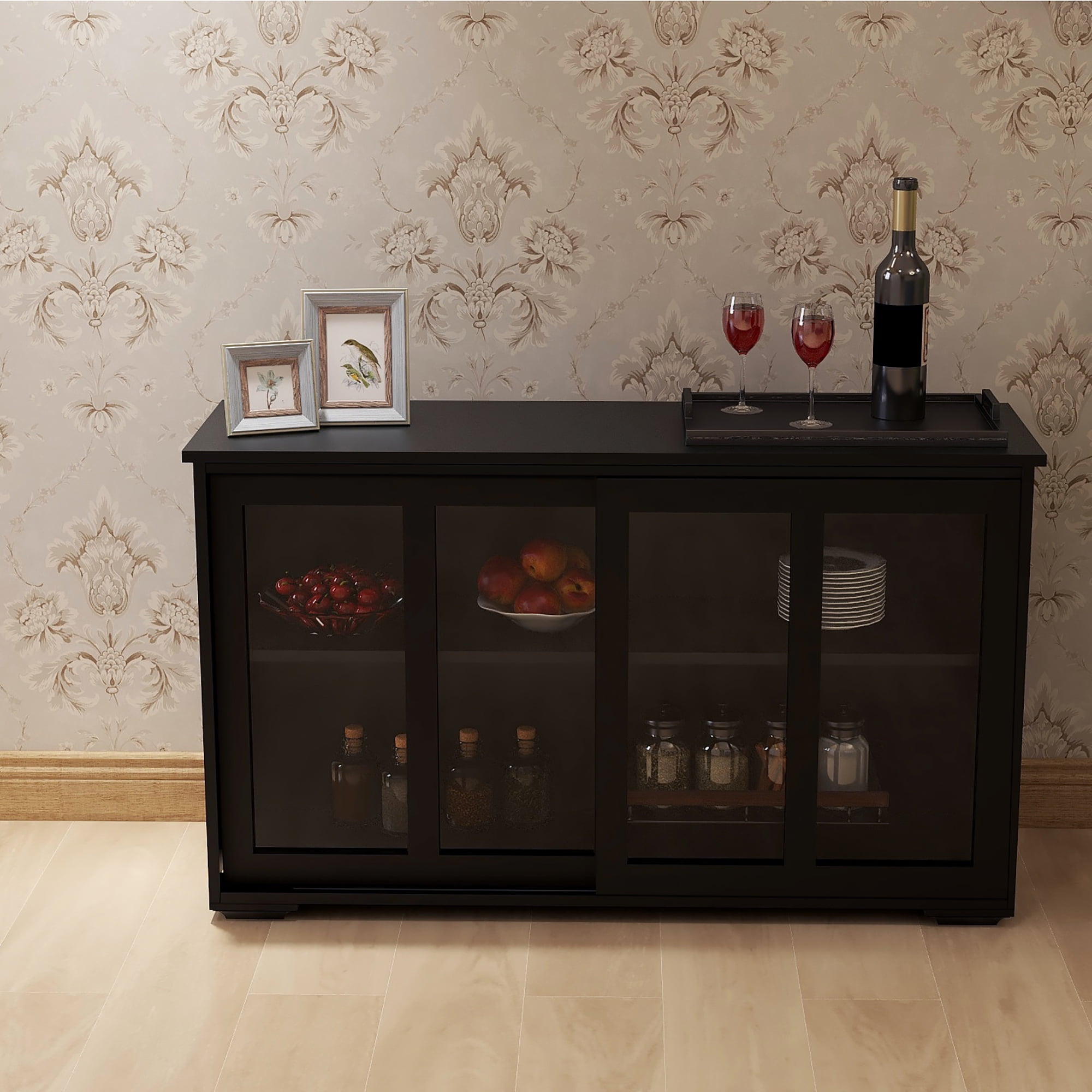 Kitchen Storage Cabinet,Sideboard Buffet Cupboard with Glass Door,Pantry Organizer, Freestanding Kitchen Cabinet,Black