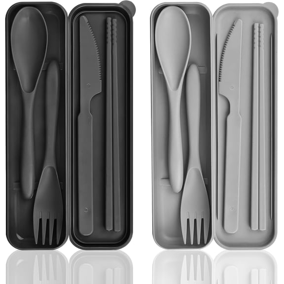 2 Sets Plastic Reusable Utensils Set with Case, Travel Chopsticks Fork Spoon Knife Set for Lunch Box, Portable Cutlery Sets for Travel Camping Daily Use (Black, Grey)