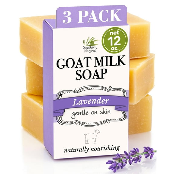 Southern Natural Goat Milk Soap Bar - Lavender 3 Pack - Gentle For Dry, Sensitive Skin. Natural Handmade Soap For Women, Men, Kids & Baby. Great For Face & Body.