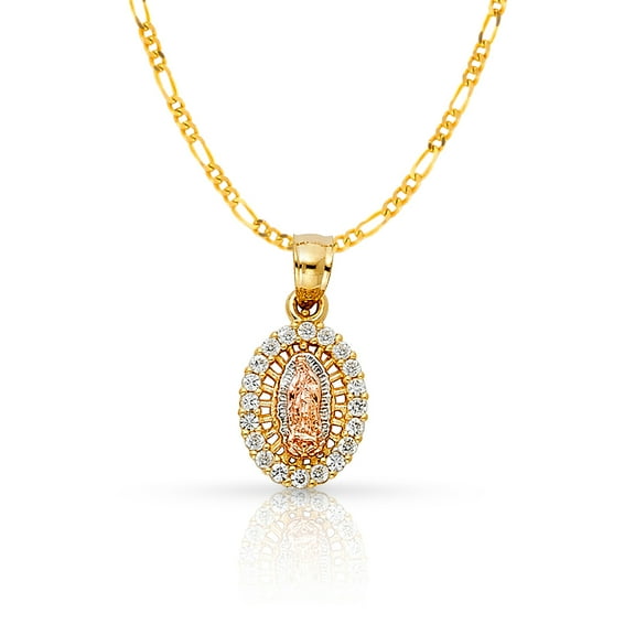 14K Yellow Gold Our Lady of Guadalupe Cubic Zirconia CZ Charm Pendant with 1.2mm Figaro 3 1 Chain Necklace