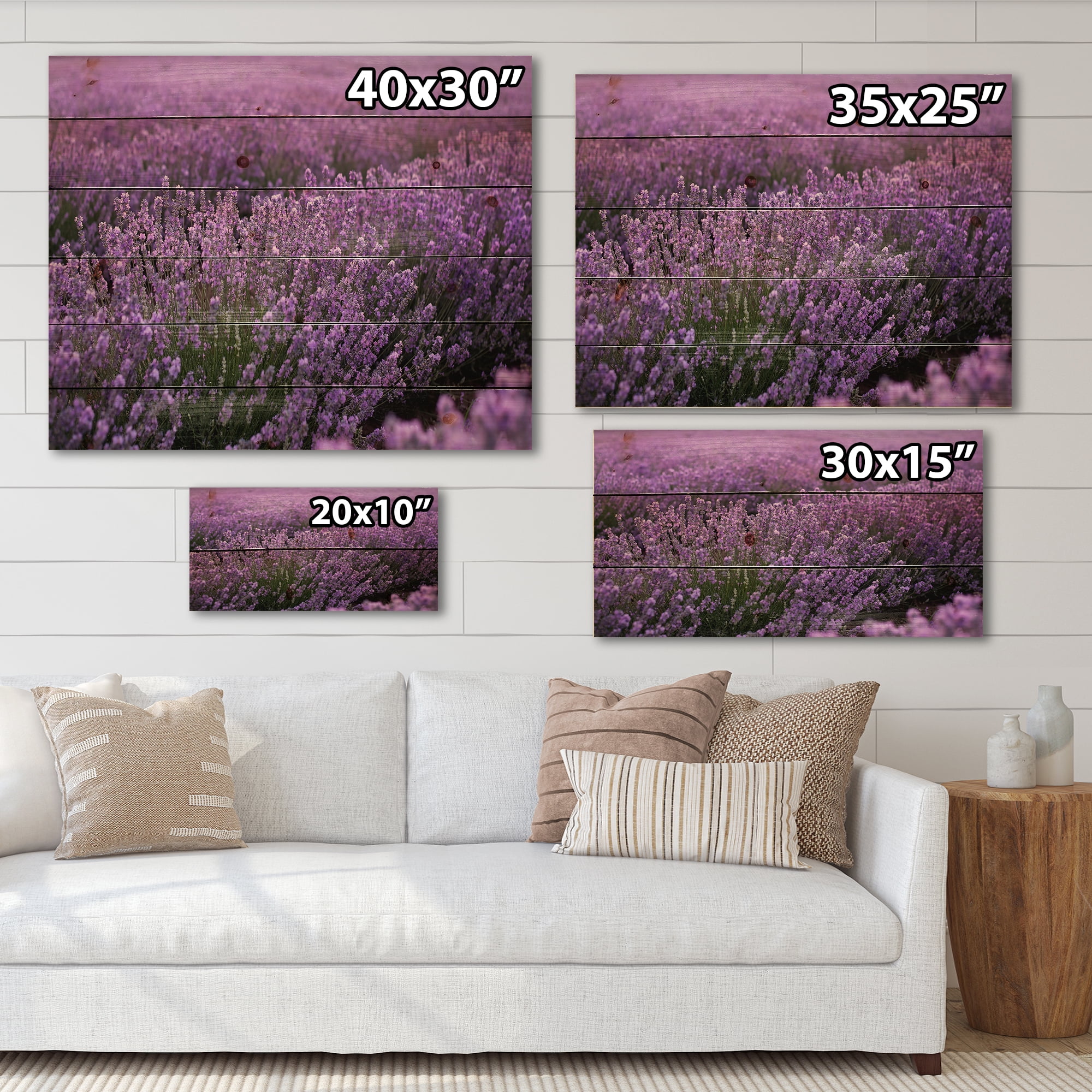 Designart 'Blooming Purple Lavender Meadow' Farmhouse Print on Natural Pine Wood