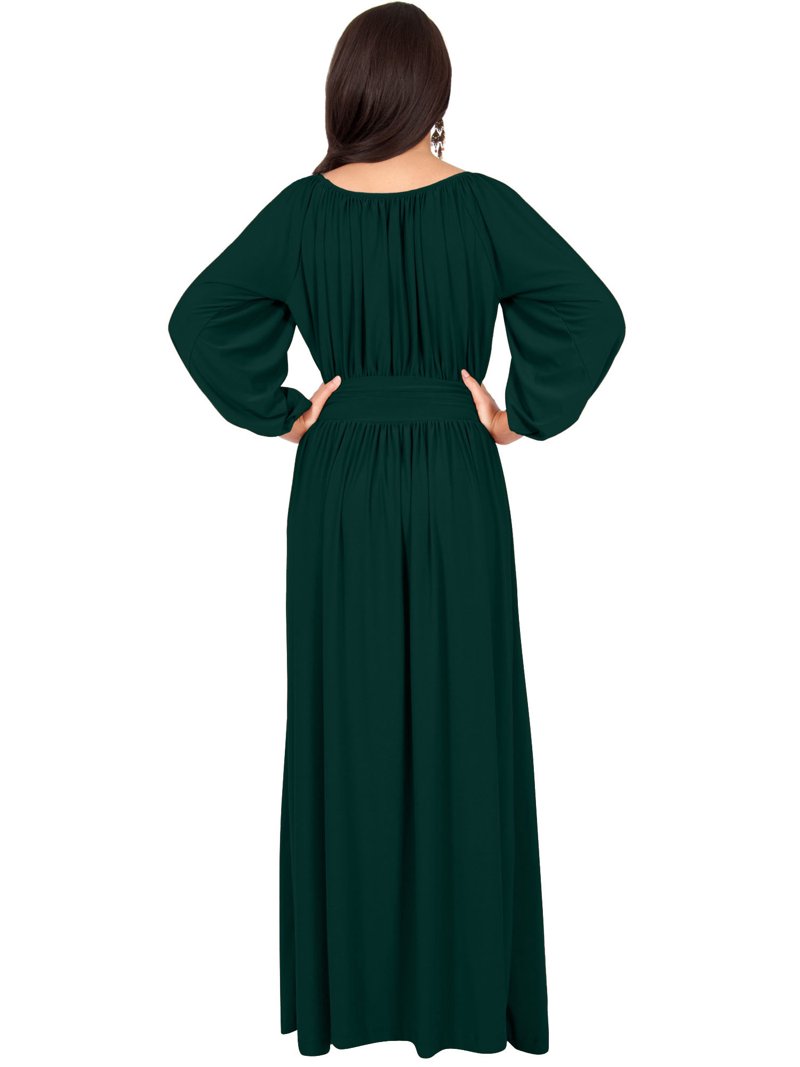 KOH KOH Long Sleeve Vintage Peasant Empire Waist Fall Winter Loose Flowy Fall Winter Casual Formal Abaya Tall Pleated Maxi Dress Gown For Women Emerald Green XX-Large US 18-20 NT103