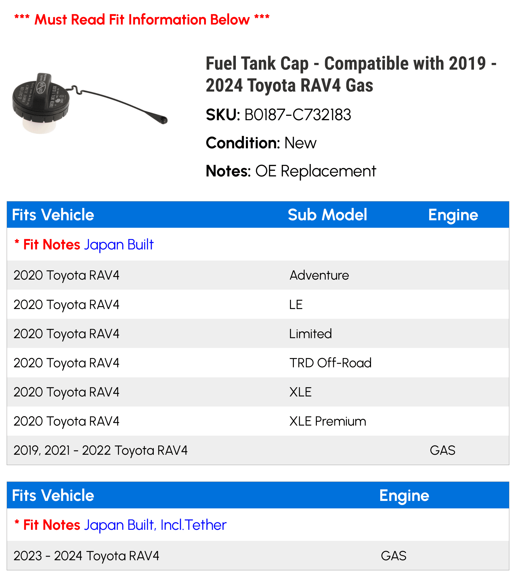 Fuel Tank Cap - Compatible with 2019 - 2024 Toyota RAV4 Gas 2020 2021 2022 2023
