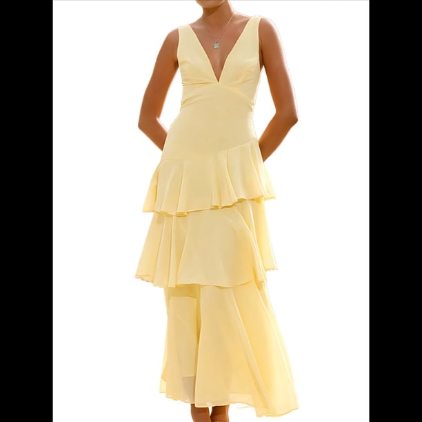 Vestidos de Dama de de Escalonada para Mujer, Vestidos de Noche Formales con Volantes, Largos y Plisados. Amarillo M
