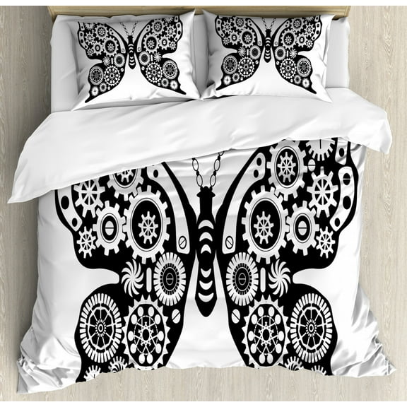 Steampunk King Size Duvet Cover Set, Fantastic Insect in Vintage Style Butterfly Mechanism with Cogs and Gears, Decorative 3 Piece Bedding Set with 2 Pillow Shams, Black and White, by Ambesonne