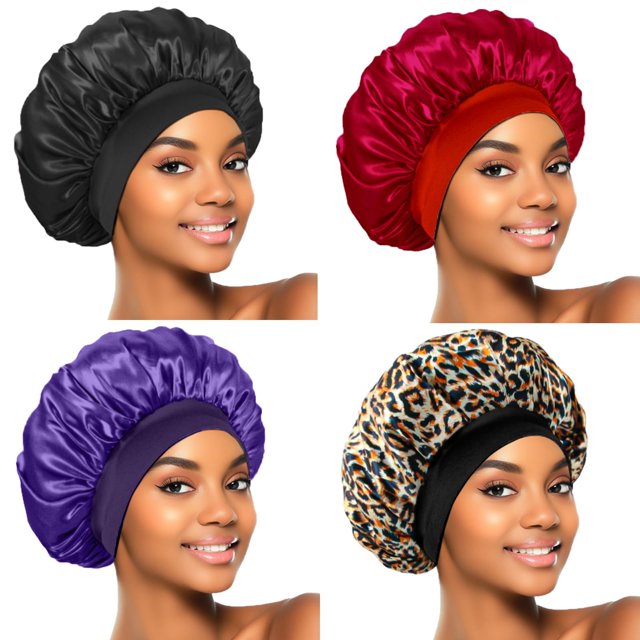4 Uds. Gorro de seda para dormir, gorros de satén para el pelo, banda elástica suave, gorro de seda para dormir, envoltura para el cabello para mujeres (negro, vino, rojo, morado y dorado)