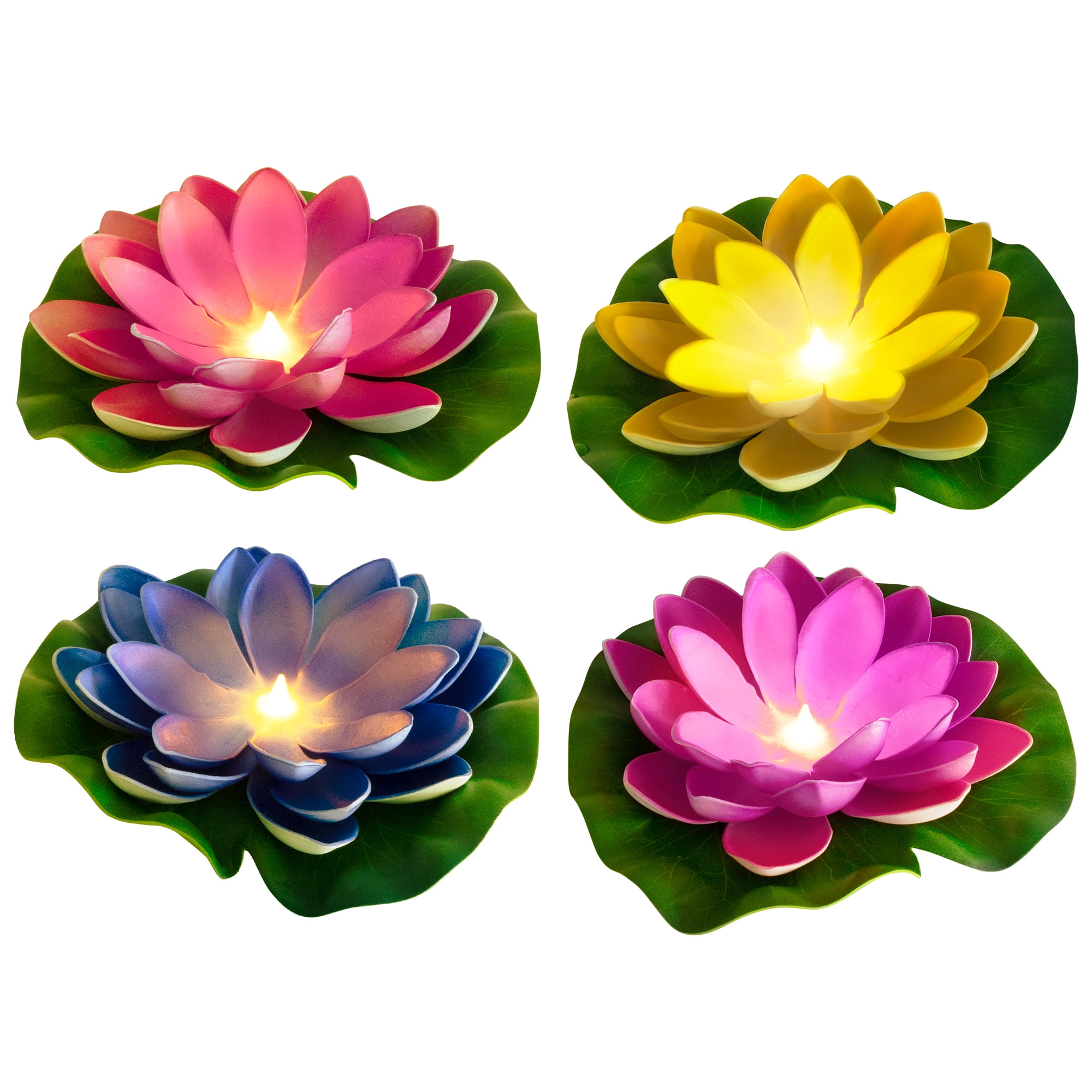 Merkury Innovations 4pk 7” Floating LED Lily pads for Ponds & Pools - Warm White Flickering Lights, Outdoor Decoration