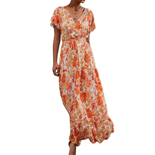 Nlife Women Floral Print V Neck Pleated High Flutter Sleeve Maxi Dress -