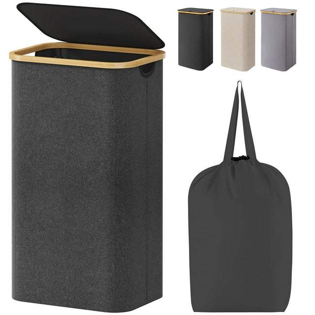 Cesta de ropa Lifewit de 100 litros con tapa, asas de bambú, color gris oscuro