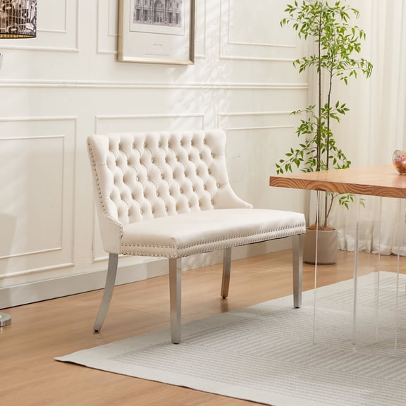 Oufan Double Tufted Dining Chair, Velvet Loveseat Bench with Nailhead Trim & Upholstered, Mid Century 2-Seat Chair for Dining Room, Living Room
