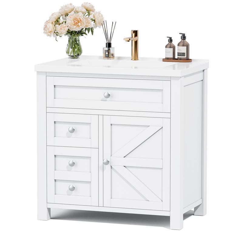 Lacoo 30'' Bathroom Vanity with Resin Sink, Wood Bathroom Storage Cabinet with Drawers and Shelves for Bathroom, White
