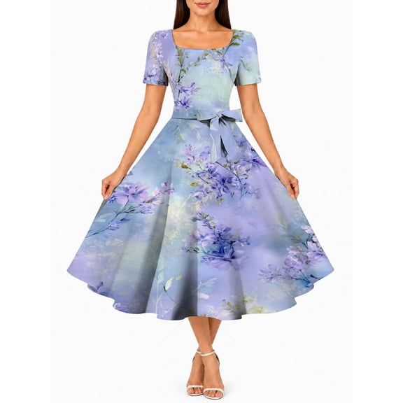Women'S Vintage Blue-Purple Floral Dress Square Neck Short Sleeve Fit And Flare Casual Summer Midi Dress