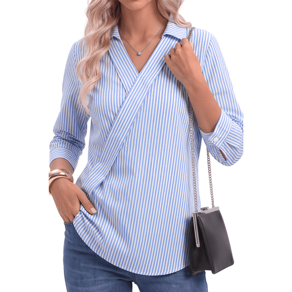 Fantaslook Striped Tops for Womens 3/4 Sleeve V Neck Shirts Dressy Casual Business Work Blouses Trendy Lapel Tops