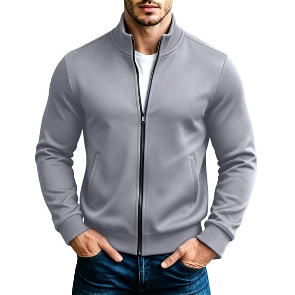 Sahpxhe Men's Full Zip Sweatshirt Stand Collar Long Sleeve Jacket with Pockets Casual Outer Tops for Travel Vacation Gray XL