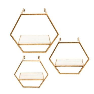 Sagebrook Home Set Of 3 Metal/Wood Hexagon Wall Shelves, Gold, Hexagon, Iron, Contemporary, 16"L X 8"W X 14"H, Solid Color