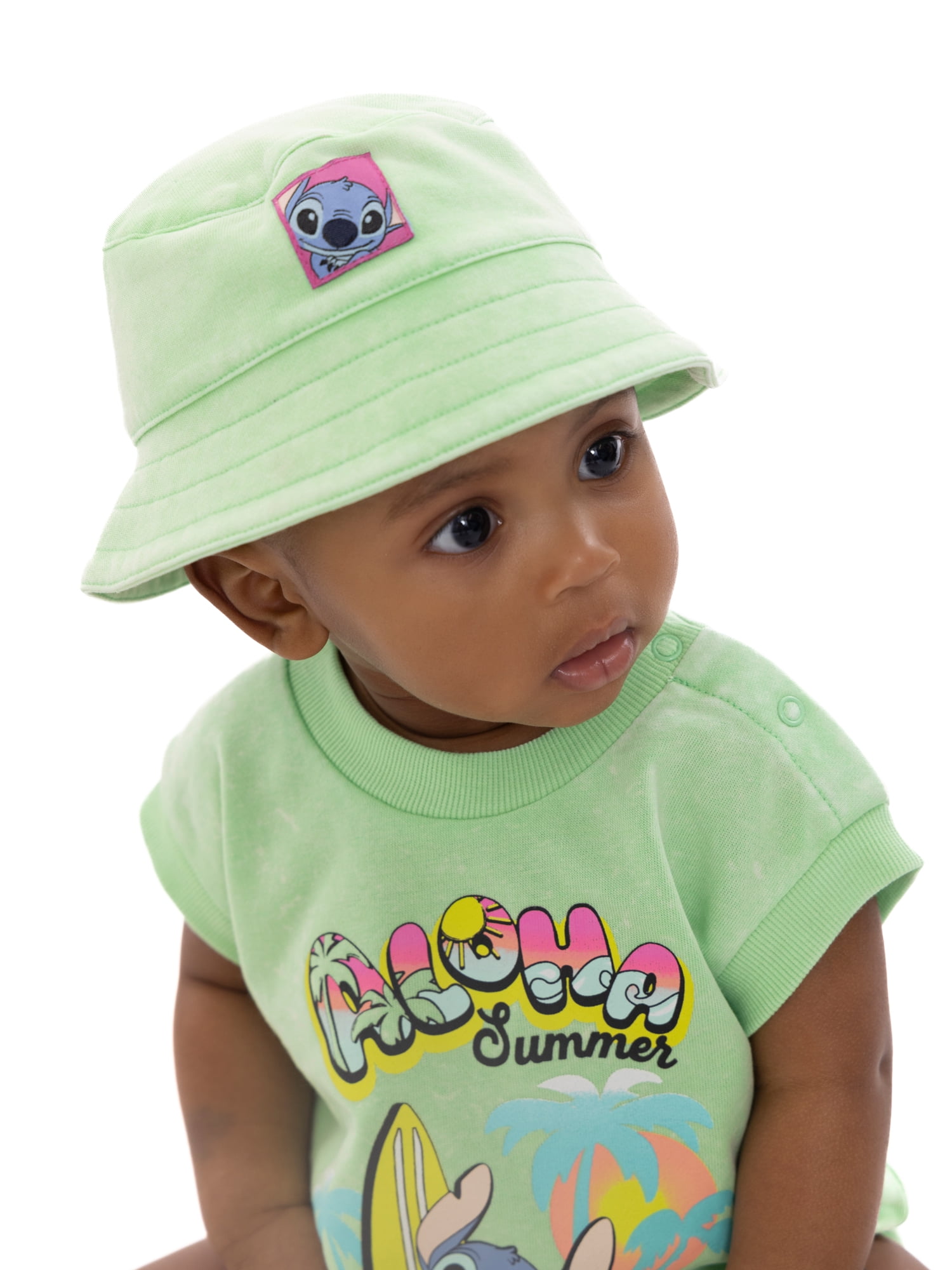 Disney Lilo & Stitch Baby Girls Sleeveless Graphic Romper with Matching Bucket Hat, 2-Piece Set, Sizes 0-3 Months- 24 Months