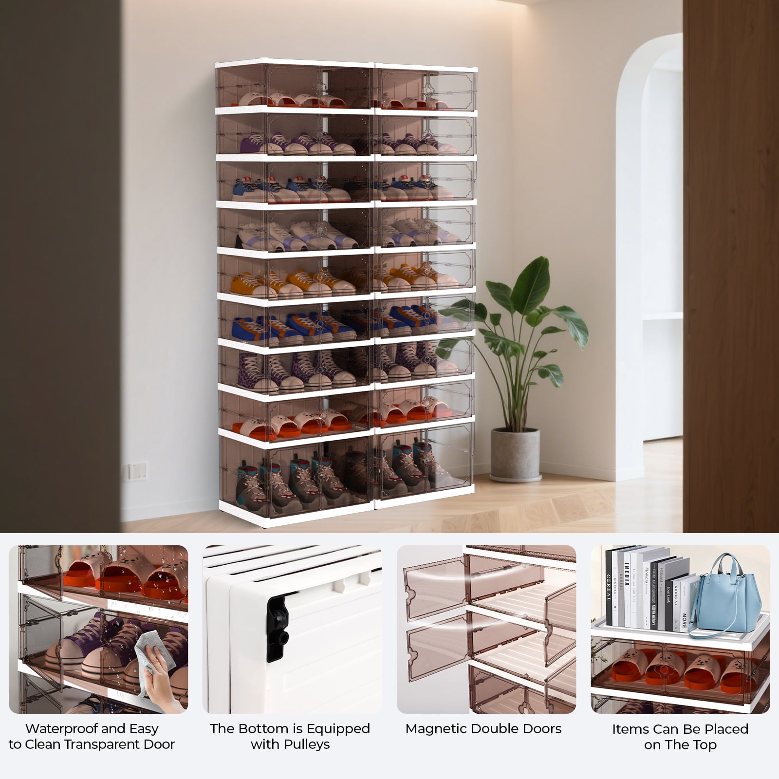 9 Tier 18 Pairs Foldable Shoe Rack with Wheels,Portable Plastic Shoe Storage Cabinet