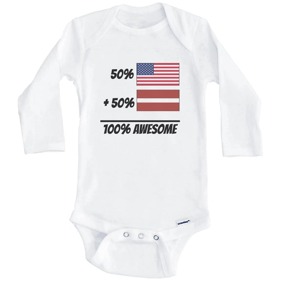 50% American Plus 50% Latvian Equals 100% Awesome Cute Latvia Flag One Piece Baby Bodysuit (Long Sleeve), 0-3 Months White