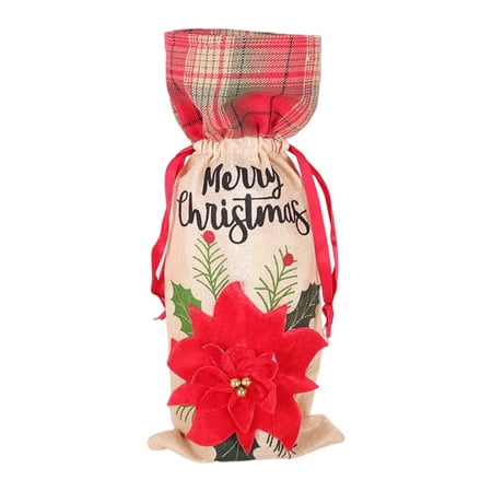 

TureClos Xmas Wine Bottle Cover Navidad Drawstring Red Flower Gnome Protective Beer Champagne Sleeve for Dinning Table Kitchen Party Red flower