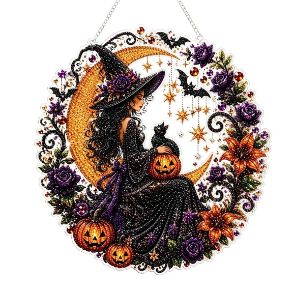 romoty Gothic Witch Lady Diamond Art Hanging Sign Kit Crescent Moon Black Cat Acrylic Plaque Painting for Halloween Decor
