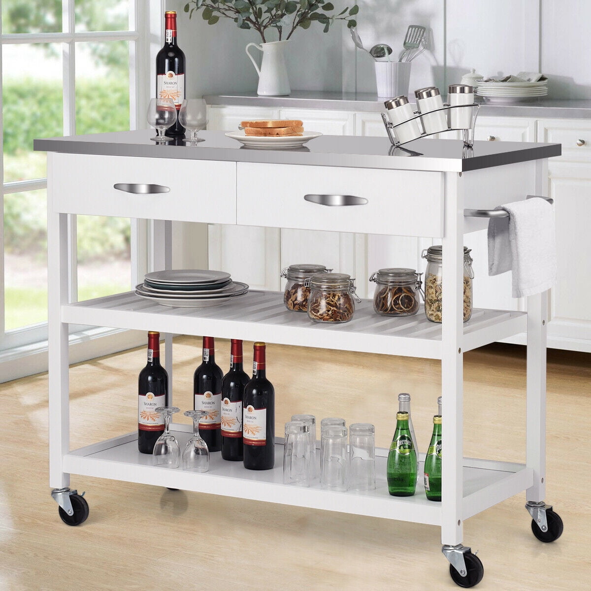Costway Rolling Kitchen Trolley Cart Island Stainless Steel Countertop W Drawer Shelf
