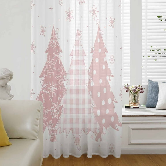 Pink Christmas Semi Sheer Curtains Drapes for Living Room, Bedroom, French Doors Window 63 Inches Long, Pink Plaid Xmas Tree Snowflake Winter Rod Pocket Chiffon Curtain Drapery Voile Draperies Panel