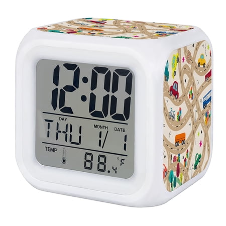 Cars Buses Digital Alarm Clock for Bedrooms,Smart LED Alarm Clock with 7 Color Changing Night Light,Cartoon Brown City Street Map Traffic Educational Silent Wake Up Clocks for Sleep Study 3.2x3.2