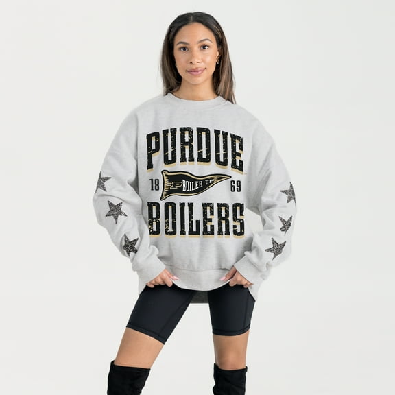 Women's Gameday Couture Ash Purdue Boilermakers Oversized Pennant Pride Rhinestone Star Sleeve Sweatshirt