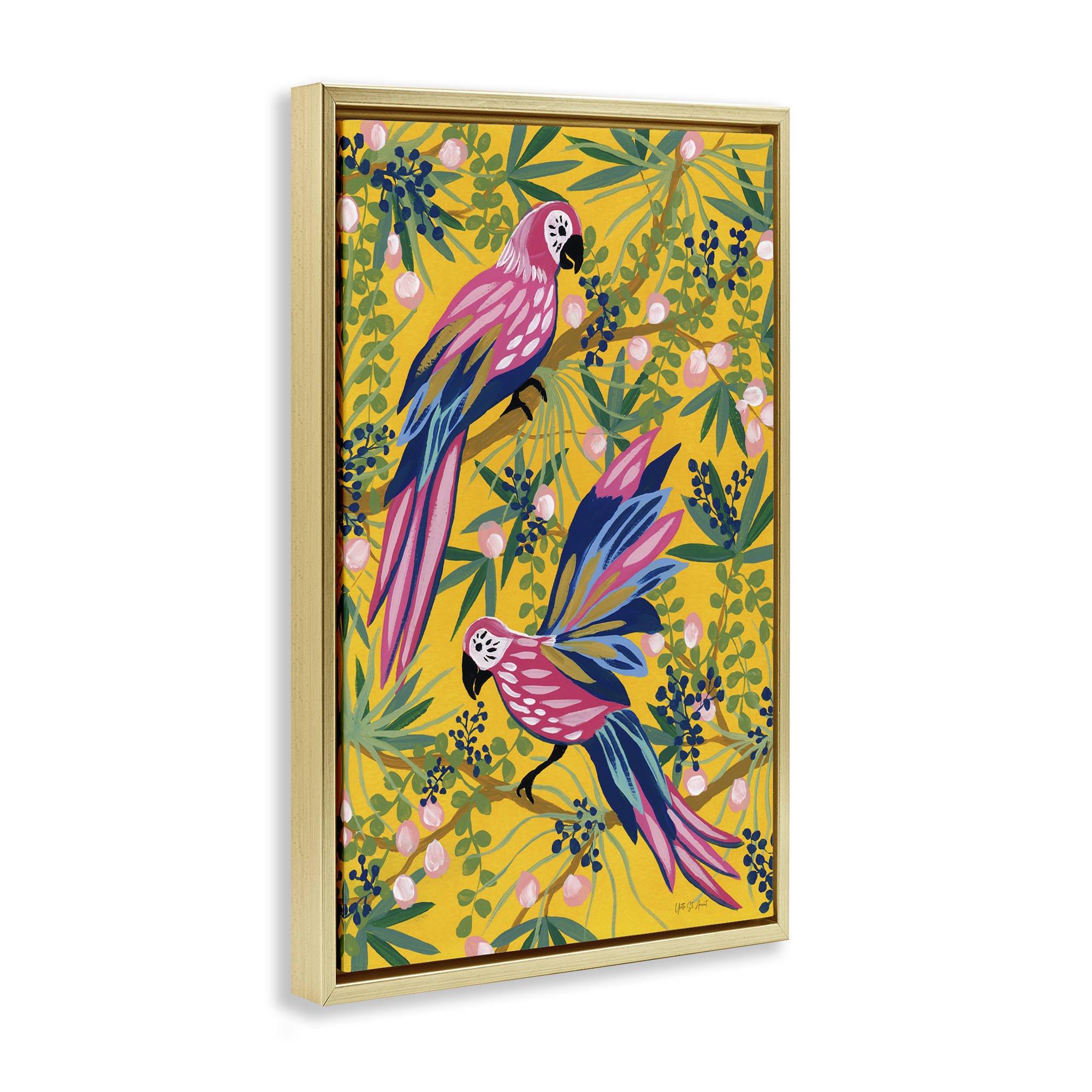 Stupell Industries Maximalist Parrots Pattern Animals & Insects Painting Gold Floater Framed Canvas Art Print Wall Art, 21 x 31