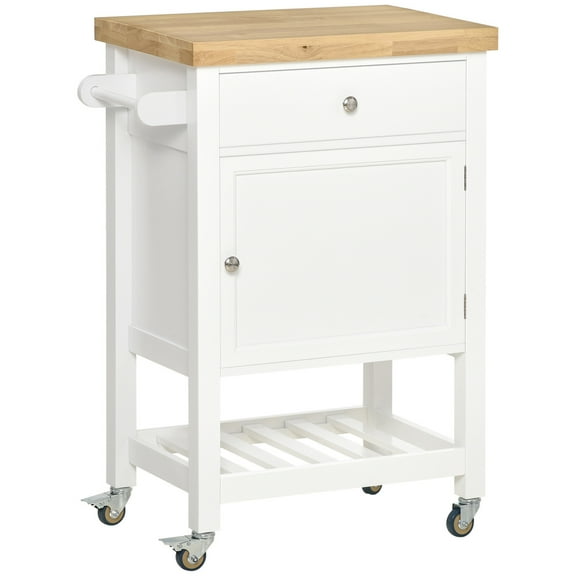 KWUXIN Utility Kitchen Cart, Rolling Kitchen Island with Smooth Rubberwood Top, Narrow Butcher Block Surface on Wheels with Storage Drawer & Cabinet