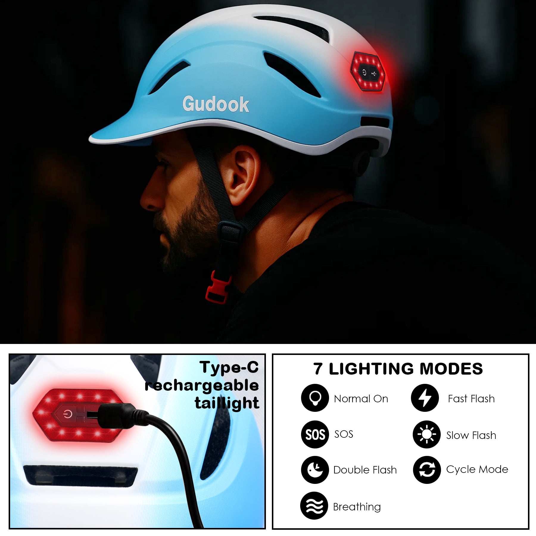 Gudook Adult Bike Helmet for Men - Women Bicycle Helmet with LED Rear Light - Certified Comfort Adjustable Baseball Cap Style Cycling Helmets for Urban Commuter Road Biking Scooter