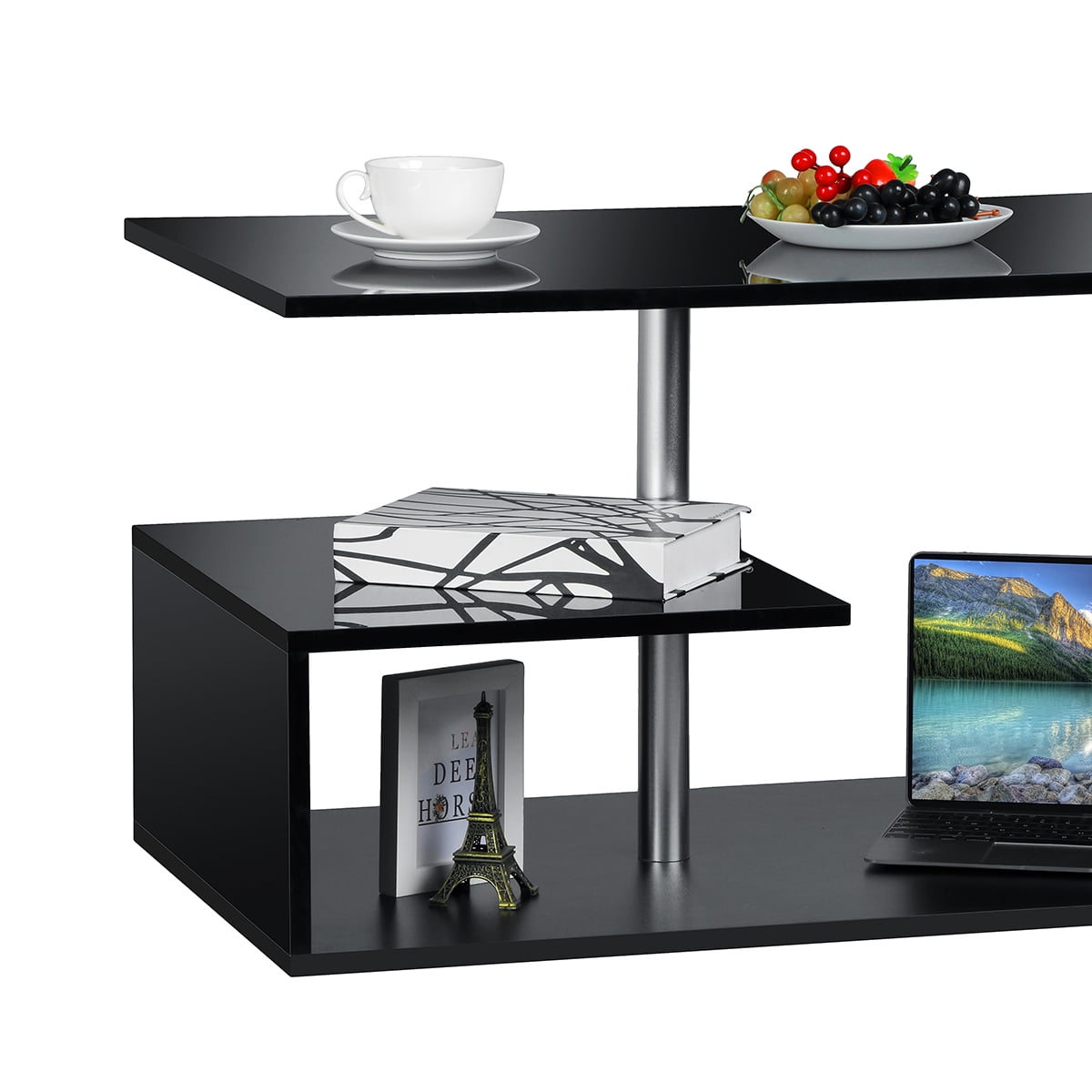 Hommpa High Gloss Black Coffee Table with LED Lights Open Shelf Smart APP Control S Shaped Modern Sofa Side End Table for Living Room