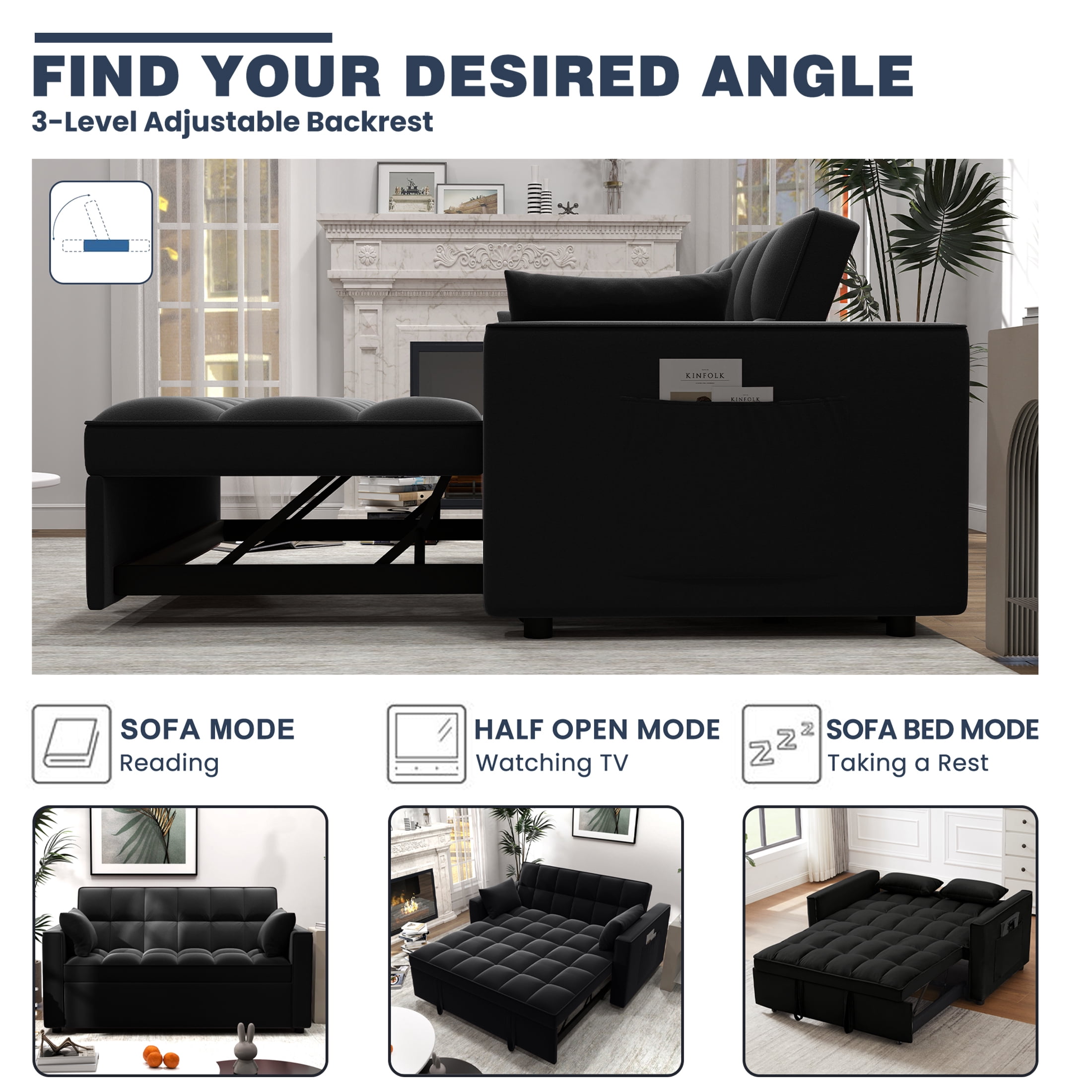 DEALTOPS Loveseat Convertible Pull Out Sleeper Sofa Bed, Black